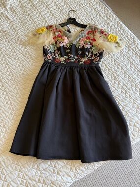 Women's Black Dress with Floral Embroidery and Yellow Tulle Sleeves